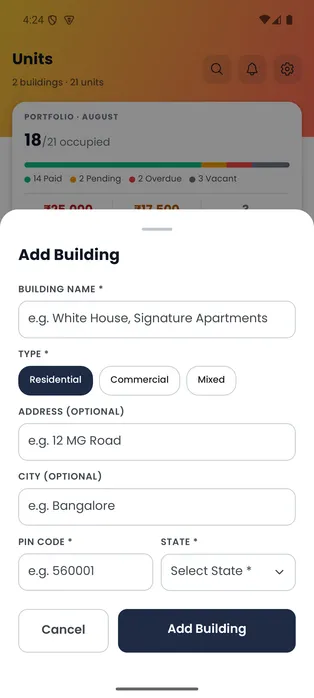Door-Let form for adding a building with name, address and property details.