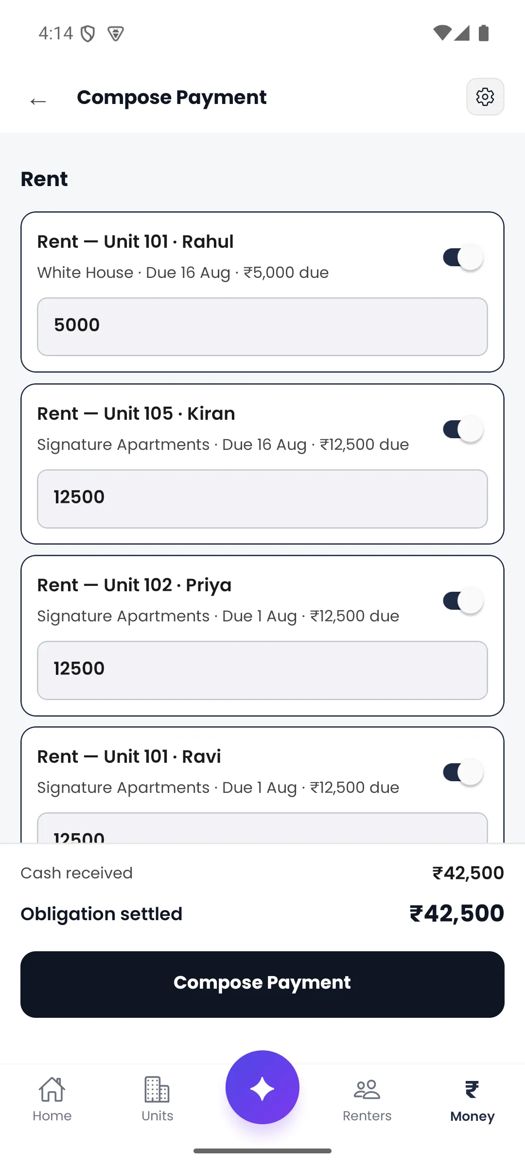 Door-Let payment screen for recording an amount against a renter and rent charge.