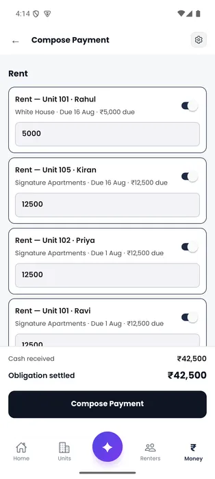 Door-Let payment composition screen showing due obligations, amount and payment method.