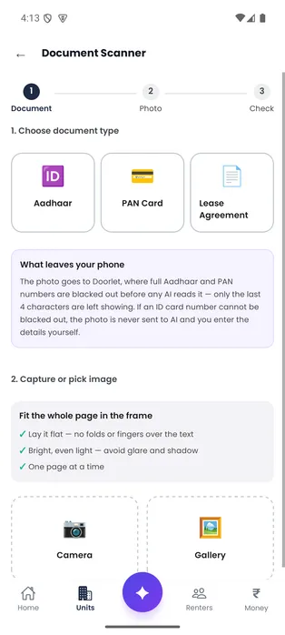 Door-Let document scanner showing Aadhaar, PAN and lease capture steps and masking guidance.