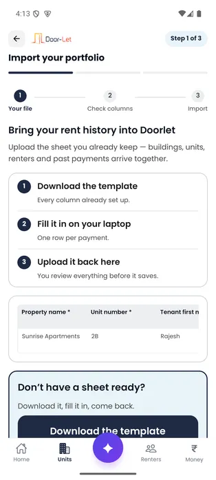 Door-Let portfolio import screen explaining the spreadsheet template, upload and review steps.