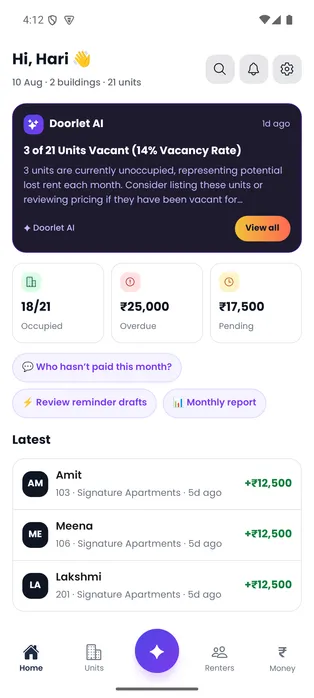 Door-Let AI-first Home showing a vacancy insight, occupancy, overdue rent and recent payments for a synthetic demonstration portfolio.