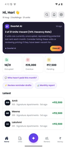 Door-Let AI-first Home with sample portfolio alerts, suggested questions and recent payments.