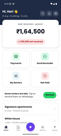 Door-Let Simple Home with sample rent received, outstanding rent and common actions.