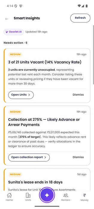 Door-Let Smart Insights screen explaining collection and portfolio changes in short cards.