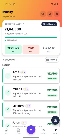 Door-Let Money screen with sample rent charges and payments.
