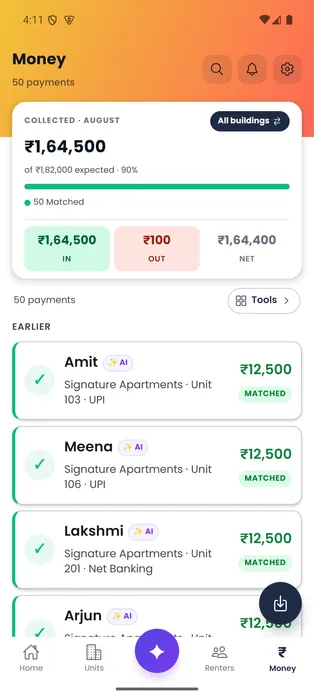 Door-Let Money screen showing collection totals and payments matched to charges.