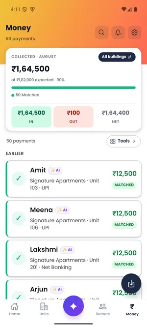 Door-Let Android Money screen with sample payments and rent charges.
