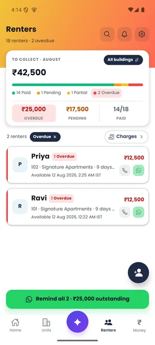 Door-Let overdue list showing outstanding renters and a review-all-reminders action.