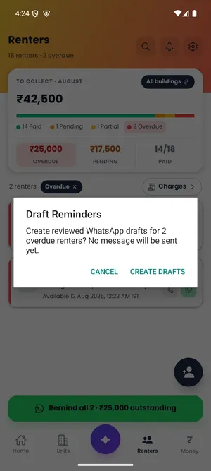 Door-Let Android reminder review screen with a fictional renter and overdue-rent draft.