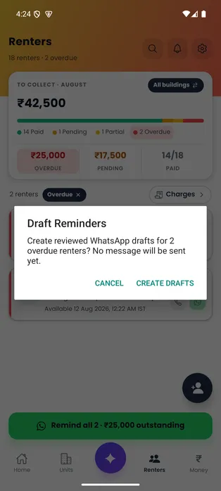 Door-Let reminder confirmation stating that drafts will be created and no message will be sent yet.
