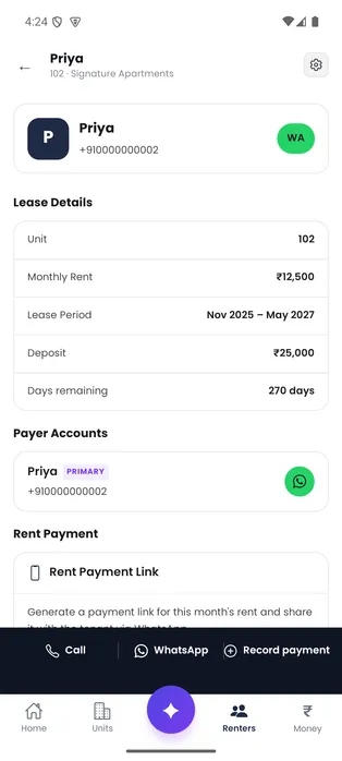 Door-Let synthetic renter record showing lease, payment and contact information.
