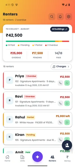 Door-Let Renters screen with fictional payment-status records.