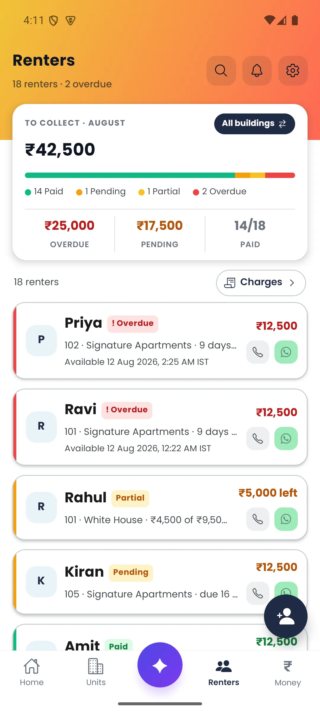 Door-Let renters screen with paid, pending, partial and overdue status.