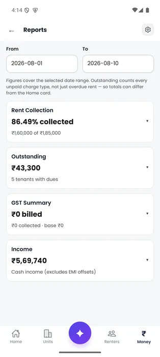 Door-Let Reports screen with rent collection, outstanding, income and GST report choices.