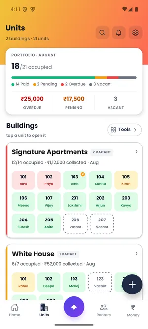 Door-Let Android Units screen showing buildings, occupied and vacant totals.